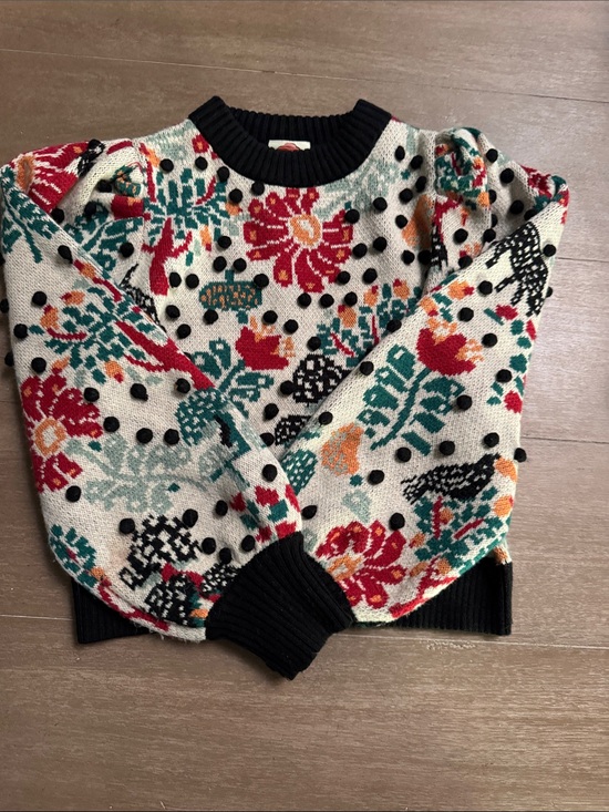 FARM Rio Sweaters - FARM Rio Cream Floral Pom-Pom Crewneck Sweater with Black Trim